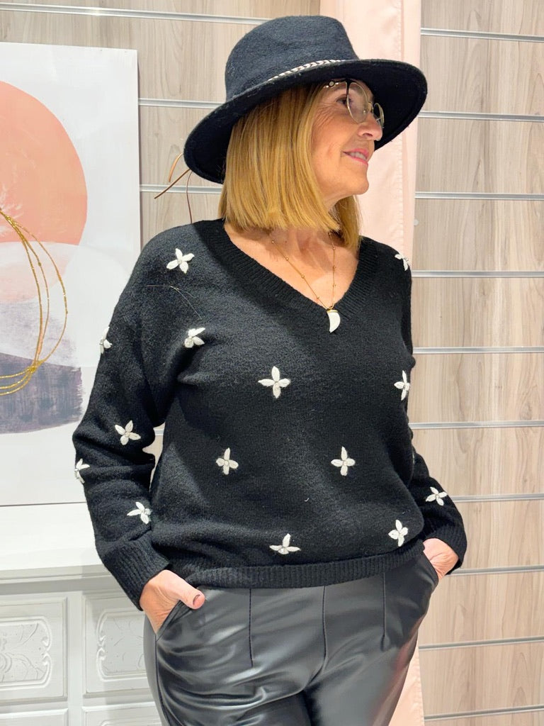 Jersey Pulóver Flor Negro Bordado